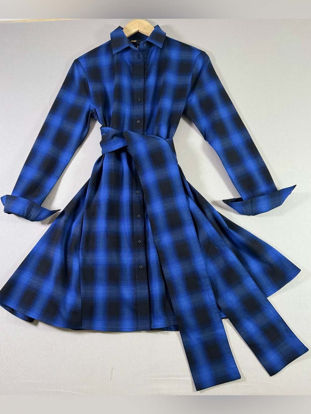 Maje Women’s Blue & Black Plaid Belted Shirt Dress With Pockets Size 2 Medium